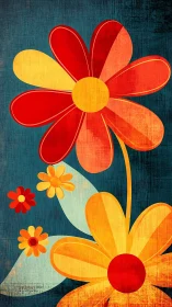Vibrant Floral Composition: Red and Yellow Layered Blossoms on Textured Teal.