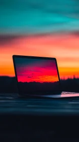 Laptop quietly doubles the neon sunset beyond its glass