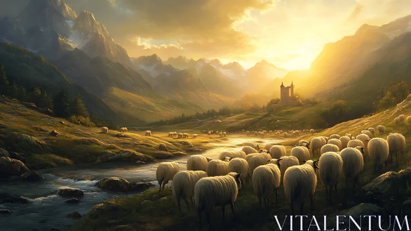 Sheep cross sunlit mountain valley toward distant stone castle