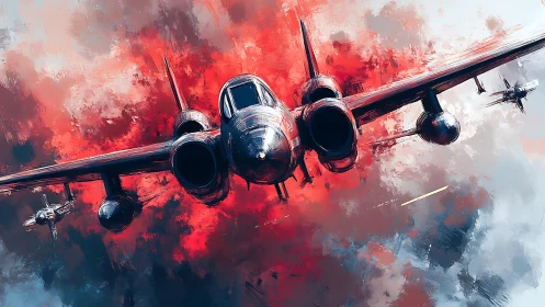 Jet assault soaring through crimson storm clouds.