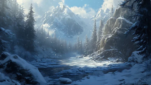 Winter mountain river under cold crystalline sunlight.