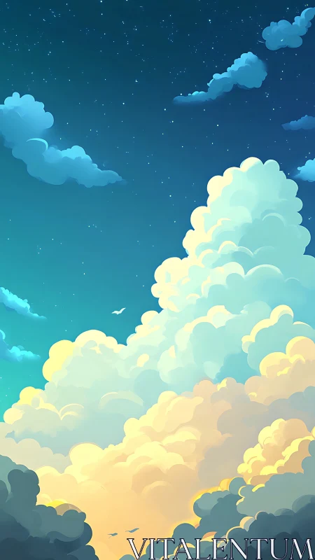 Sunlit dream clouds rising into a calm, starry evening sky.