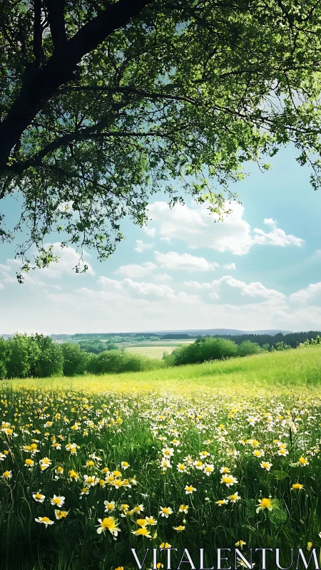 Tree canopy over meadow with wildflowers and distant fields.