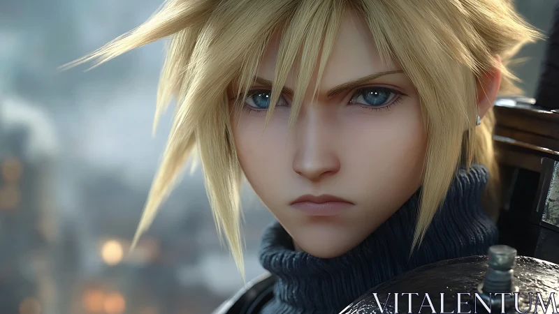 Blond anime warrior close up with intense blue eyes stare.