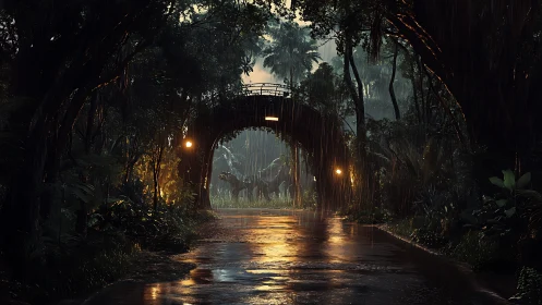 Rainy jungle road under bridge with distant dinosaurs.