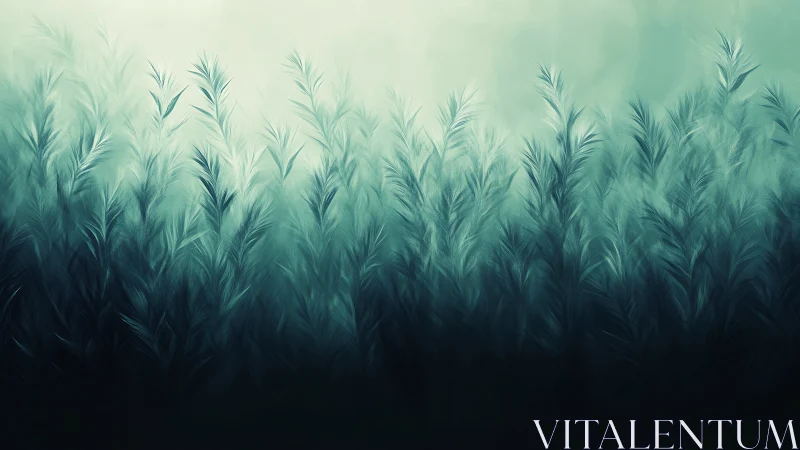 Ethereal teal grass rises through misty gradient light