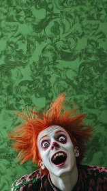 Wild orange-haired jester beams against swirling green wall