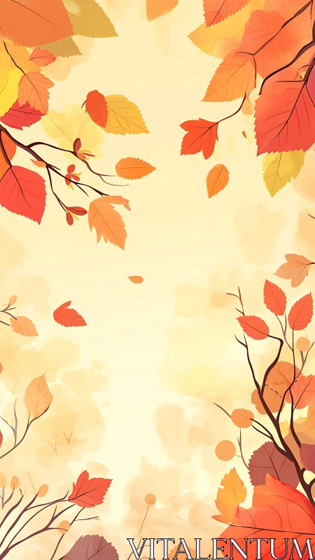 Golden autumn foliage frame with drifting scarlet leaves.