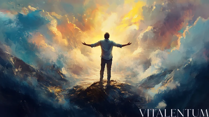 Solitary figure opens arms toward radiant stormlit sky