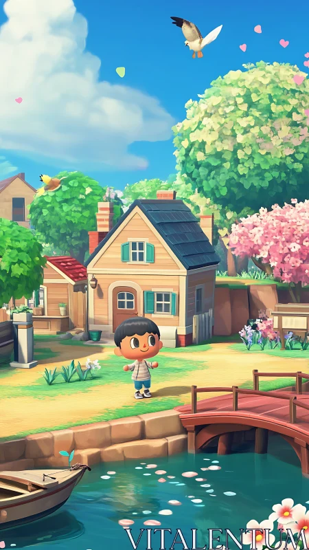 Stylized island cottage with villager near bridge and harbor.