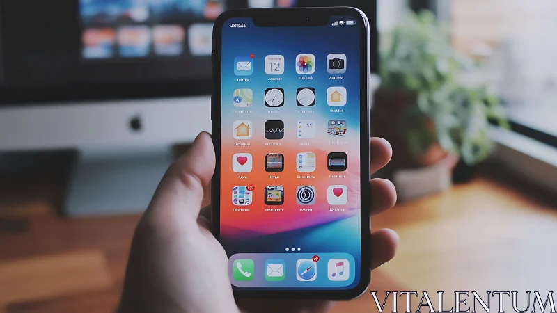 Hand holding iPhone displaying colorful app home screen in modern workspace setting