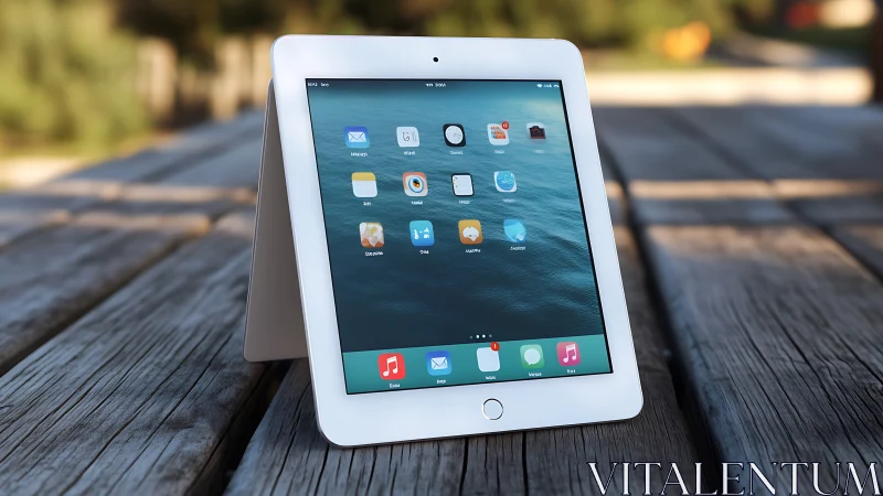 White iPad Tablet with iOS Home Screen on Wooden Deck.