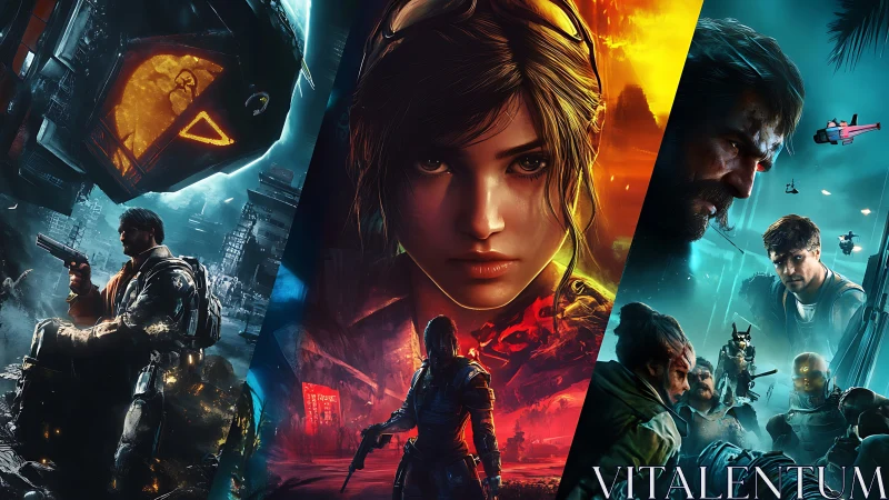 Bold sci fi heroes stepping into neon drenched battle worlds.