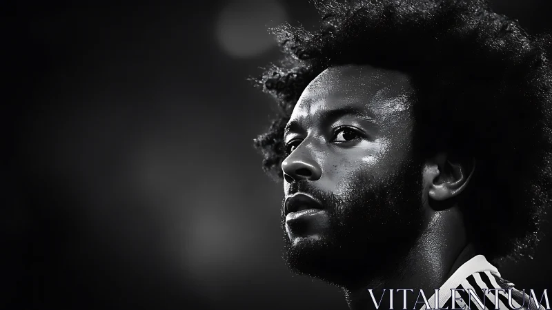 Moody black and white portrait of a focused footballer.