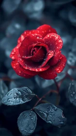 Crimson rose in rain-kissed bloom against deep teal foliage.