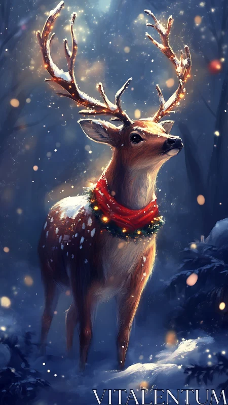 Gentle winter reindeer glowing softly in snowy forest night.