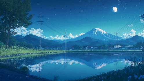 Mountain landscape reflected in rural irrigation pond at night.