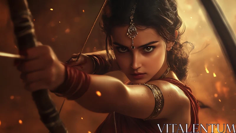 Fiery archer heroine drawing her bow with fierce focus.