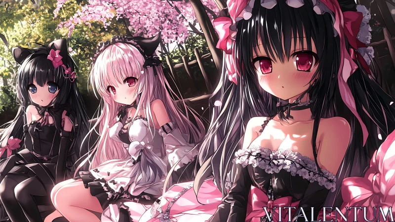 Cherry blossom afternoon gathers three gothic anime friends