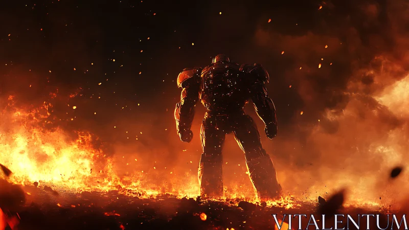 Heavily armored humanoid figure in intense fiery landscape.