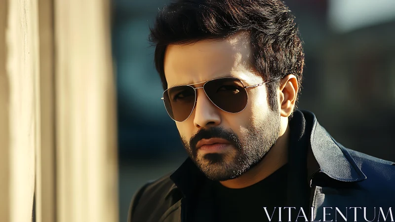 Stylish bearded man in sunglasses and leather jacket portrait.