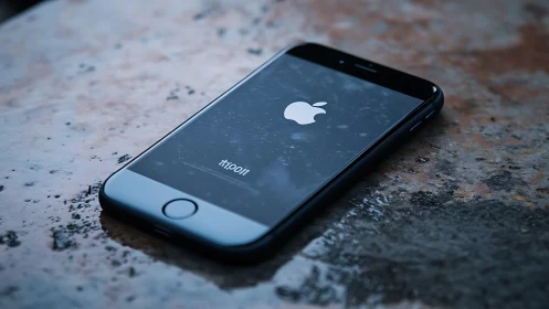 Black smartphone on wet stone surface with Apple logo.