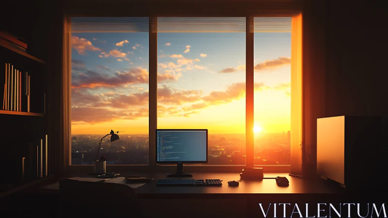 Sunset-lit programmer’s desk overlooks glowing city skyline.