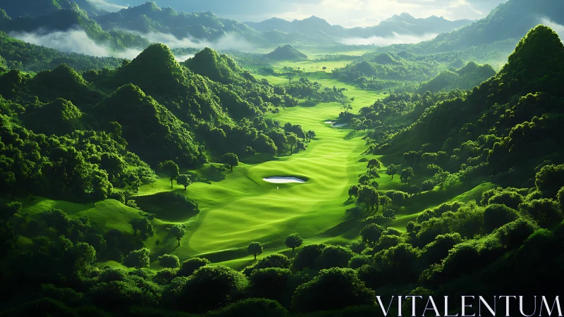 Luminous valley golf course rendered in hyperreal digital light