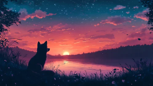 Solitary fox watches neon sunset over quiet forest lake.