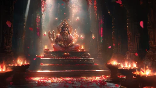 Ritual luminance around four-armed deity in temple sanctum.