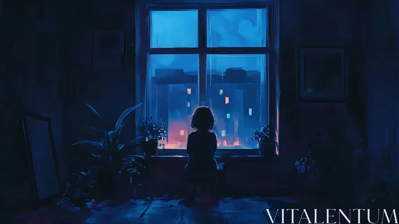 Solitary child framed in blue nocturnal windowscape digital painting