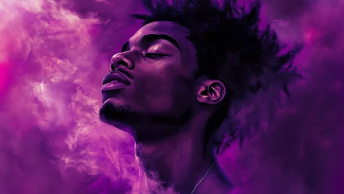 Side-profile male portrait is rendered in monochrome purple smoke