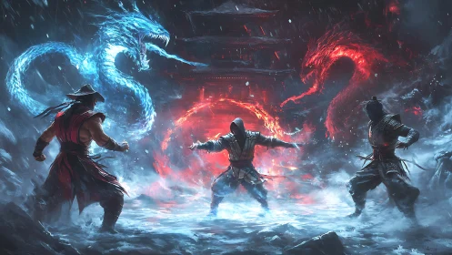 Elemental warriors clash amid roaring fire and ice serpents.