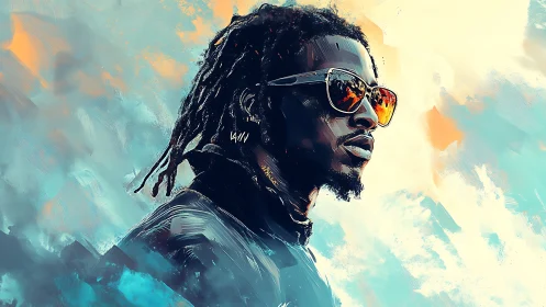 Stylized portrait shows man in sunglasses against radiant sky