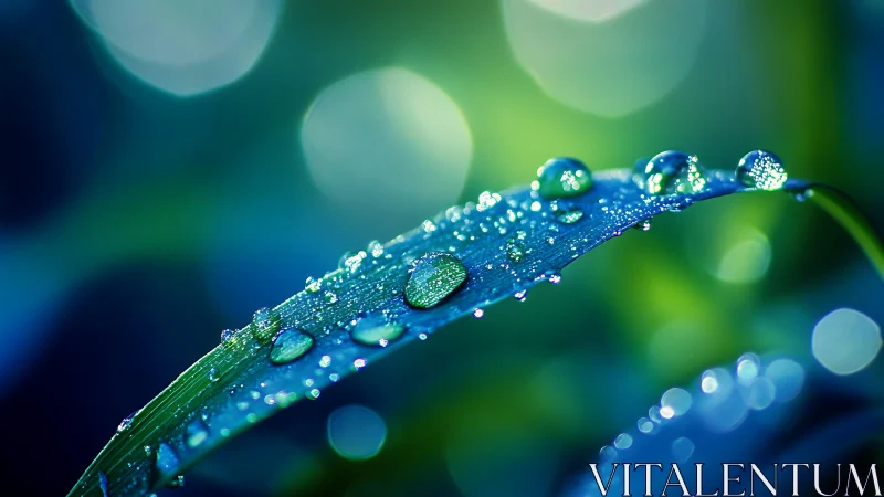 Macro view captures dew droplets on curved grass blade