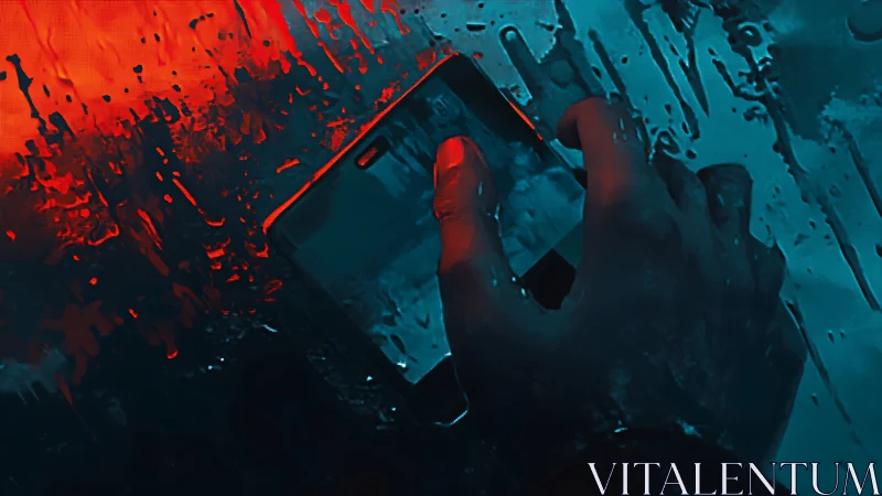 Wet touchscreen interface under neon bicolor cinematic illumination.