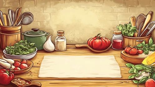 Illustration shows organized kitchen counter with vegetables