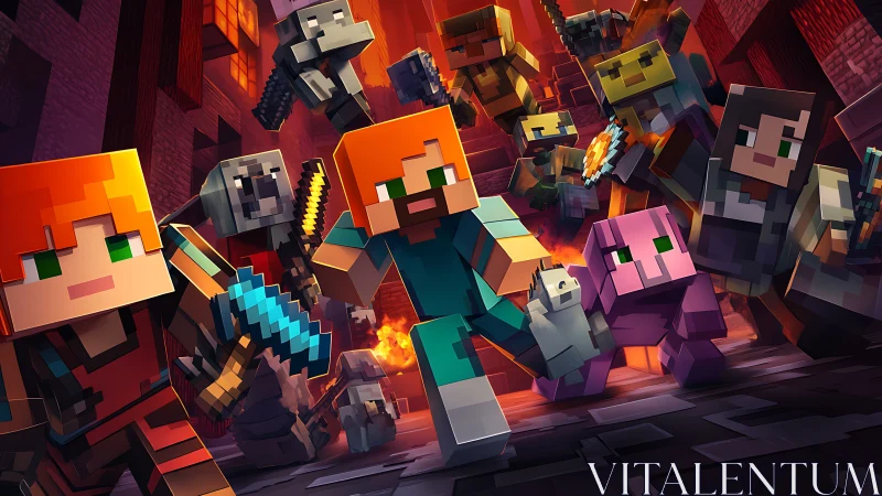 Voxel adventurers in dynamic dungeon combat tableau.