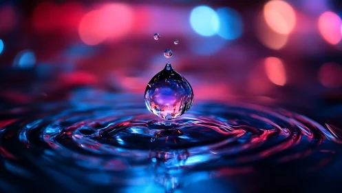 Glowing water droplet hangs in neon light above rippling pool