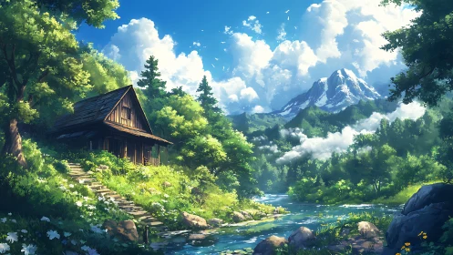 Wood cabin beside river under bright mountain sky.