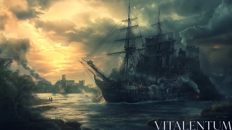 Stormlit ghost galleon drifts homeward to a crumbling fortress