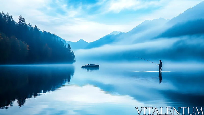 Fisher standing on misty lake with boat amid forest hills.