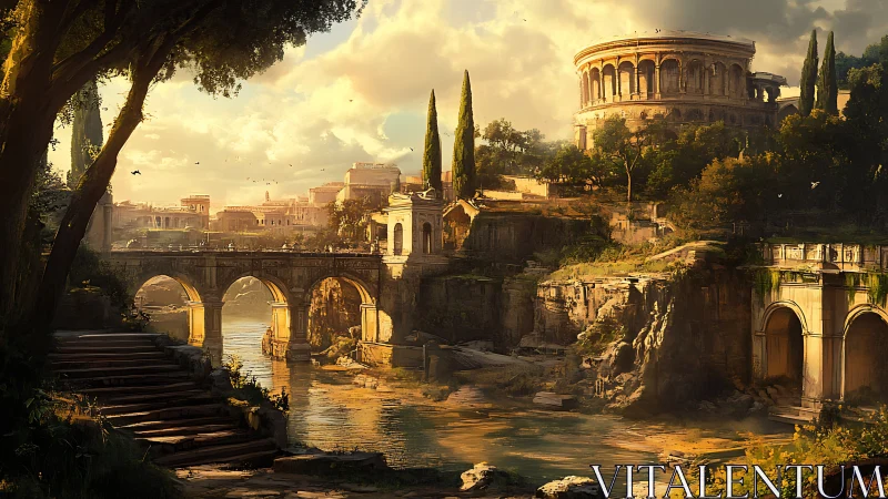 Sunlit ancient riverside city glows with Roman grandeur.