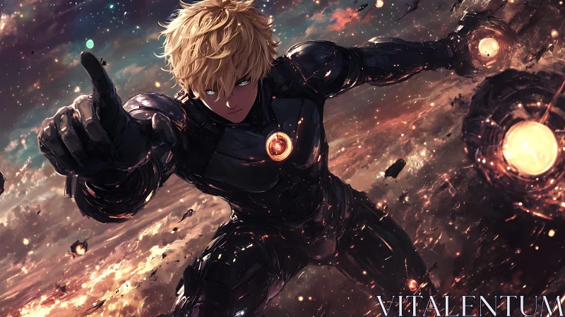 Cybernetic warrior surges through collapsing cosmic battlefield.