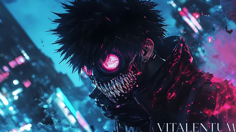 Neon-masked cyberpunk antihero prowls a fractured city night