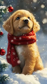 Golden puppy wears red scarf in softly falling snow