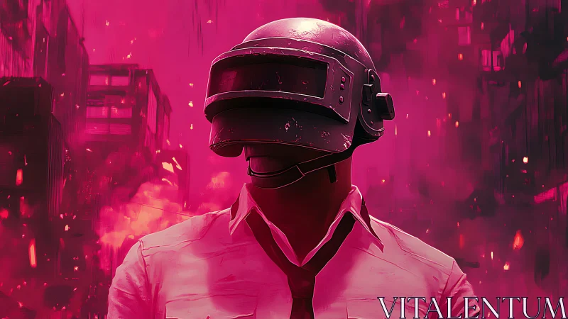 Helmeted urban fighter in neon red digital battlefield scene.