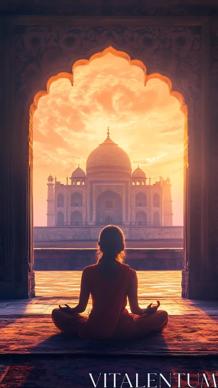Sunlit yogi in silhouette before domed marble monument.