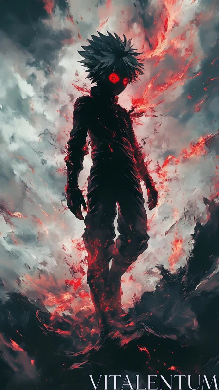 Silhouetted anime figure radiates volatile crimson energy clouds