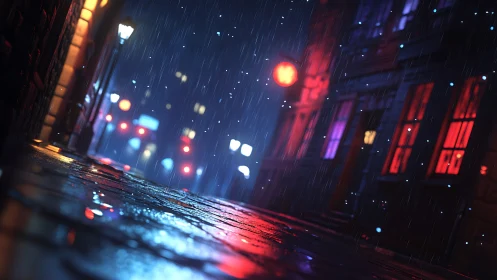 Rain-drenched cobblestones borrow neon dreams from the night